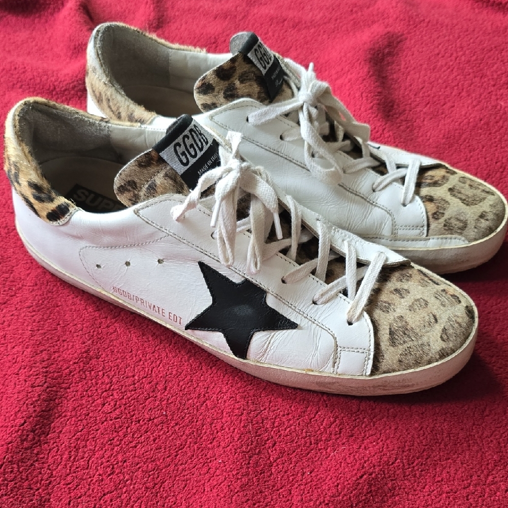 Golden Goose White and Leopard Print Sneakers